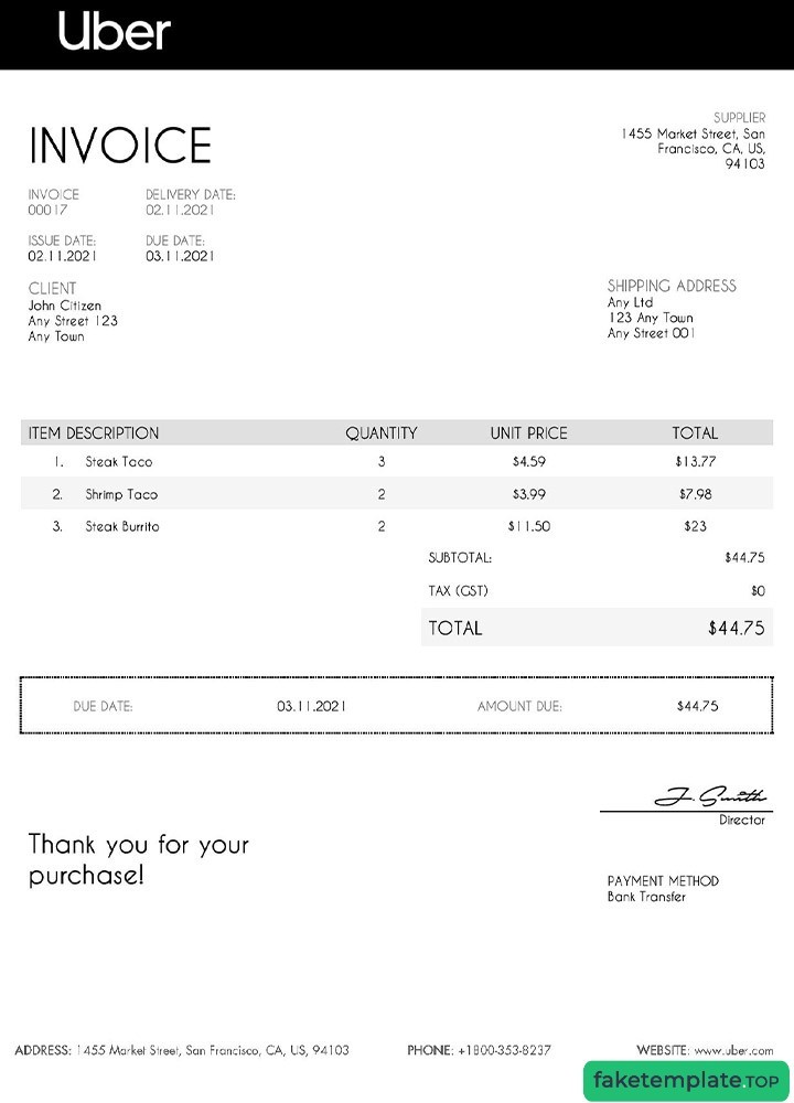 Feature of fake USA Uber invoice example